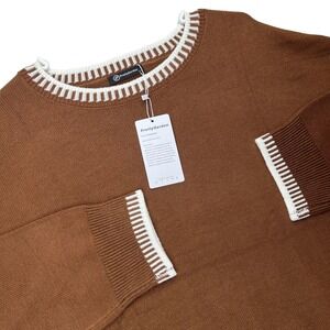 PrettyGarden Sweater Womens Large Brown Cotton Blend Knit Contrast Trim Pullover